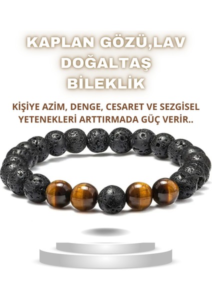 Sertifikalı Kaplan, Lav Doğal Taş Bileklik 1. Sınıf Kalite ( Azim, Denge, Cesaret )