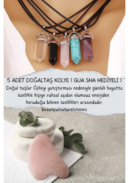 Sertifikalı Doğal Taş 5 Adet Kolye ( Pembe Kuvars Gua Sha )
