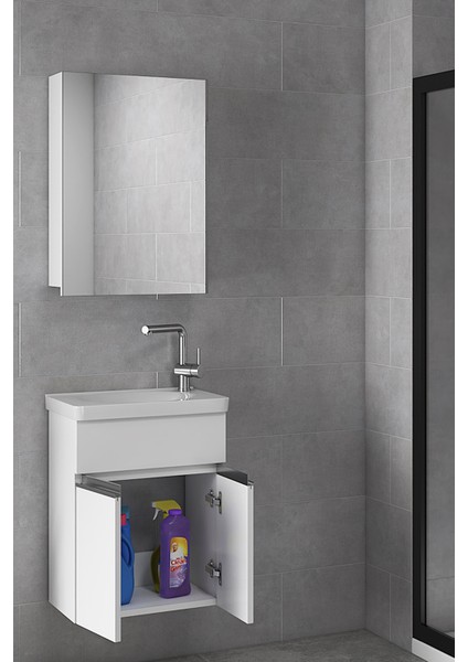 Alfa Banyo Miniço-Beyaz Ebeveyn 45 cm x 28 cm Ayna Dolaplı Lüx Lavabolu Banyo Dolabı- 1. Sınıf Mdf-Beyaz