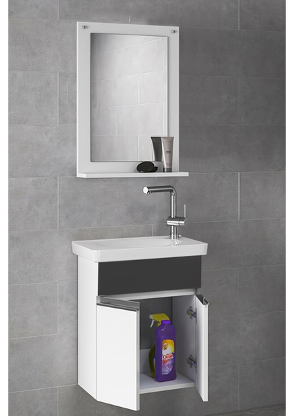 Alfa Banyo Miniço-SB Ebeveyn 45 cm x 28 cm Aynalı Lüx Lavabolu Banyo dolabı- 1. Sınıf Mdf-Beyaz Siyah