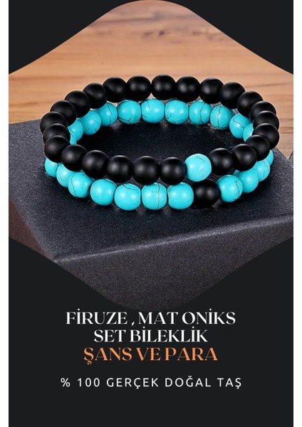 Sertifikalı Firuze , Oniks Doğal Taş Bileklik Seti 8 mm (Şans ve Mutluluk )