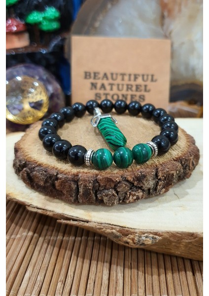 Sertifikalı Malakit - Siyah Obsidyen Doğal Taş Bileklik Kolye