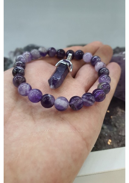 Sertifikalı Ametist Doğal Taş Bileklik 8 mm ( Kolye ) ( Yaşam Enerjisi )