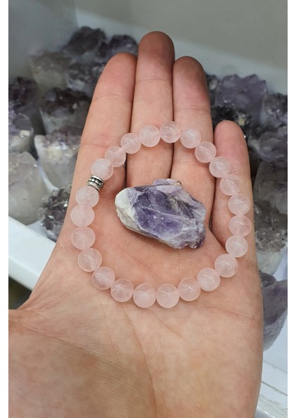 Sertifikalı Pembe Kuvars Doğal Taş Bileklik 8 mm ( Ametist Taş )
