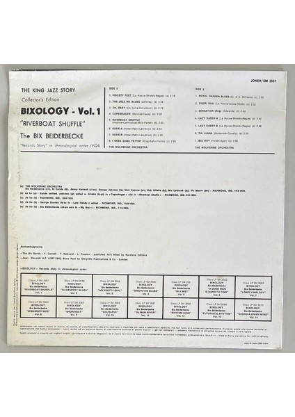 Bix Beiderbecke Featuring The Wolverine Orchestra Bixology Riverboat Shuffle Lp Plak (Orjinal 1973 Italya Baskı)