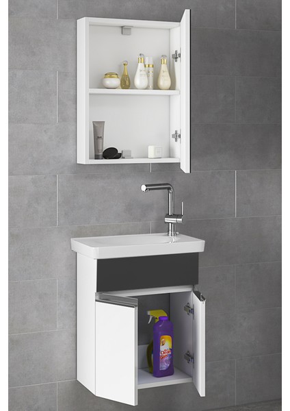 Miniço-SB-Ebeveyn 45 cm x 28 cm Ayna Dolaplı Lüx Lavabolu Banyo Dolabı