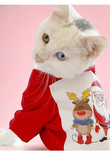 Santa And Friend Rudolph Kedi Tişörtü Yılbaşı Noel Christmas Kedi Elbisesi