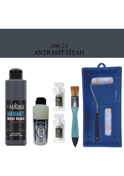 Fayans Tezgah B - Ambiente Islak Zemin Aw - 23 Antrasit Siyah 250 ml Katalizör 20 gr Taş Vernik 120 Saten Rulo Set