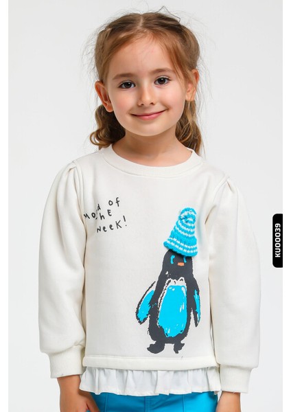 %100 Pamuklu Penguen Baskılı Uzun Kollu Kız Çocuk Bisklet Yakalı Sweatshirt 1-5 Yaş 875