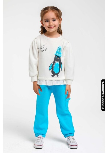 %100 Pamuklu Penguen Baskılı Uzun Kollu Kız Çocuk Bisklet Yakalı Sweatshirt 1-5 Yaş 875