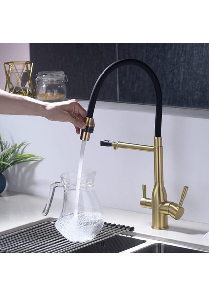 Mutfak Evye Bataryası Dual Flow Su Arıtma Çıkışlı Spiralli Fiskiyeli Mat Gold