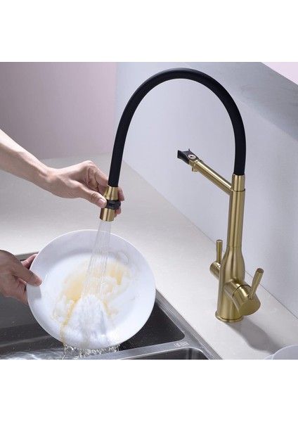 Mutfak Evye Bataryası Dual Flow Su Arıtma Çıkışlı Spiralli Fiskiyeli Mat Gold modelleri