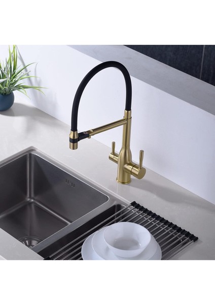 Mutfak Evye Bataryası Dual Flow Su Arıtma Çıkışlı Spiralli Fiskiyeli Mat Gold fırsatları