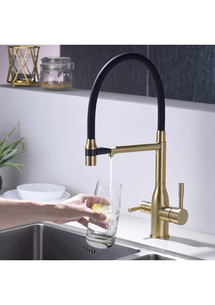 Mutfak Evye Bataryası Dual Flow Su Arıtma Çıkışlı Spiralli Fiskiyeli Mat Gold indirimleri