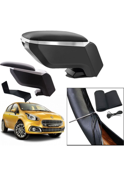 Lüks Set Fiat Punto Evo 2015 Delmesiz Çelik Ayaklı Gri-Siyah Kolçak Kol Dayama, Direksiyon Kılıfı