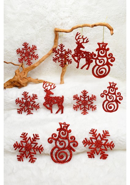 11LI Simli Süs Kırmızı Yılbaşı Çam Ağacı Süsü 13cm