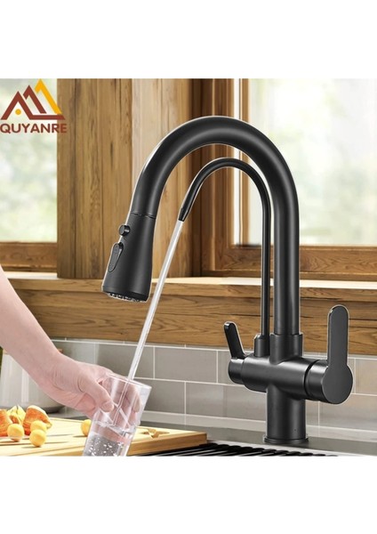 Mutfak Evye Bataryası Dual Flow Kısa Model Su Arıtma Çıkışlı Spiralli Mat Siyah