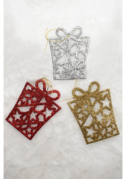 3lü Hediye Paketi Gümüş-Kırmızı Yılbaşı Çam Ağacı Süsü 11*8 Cm
