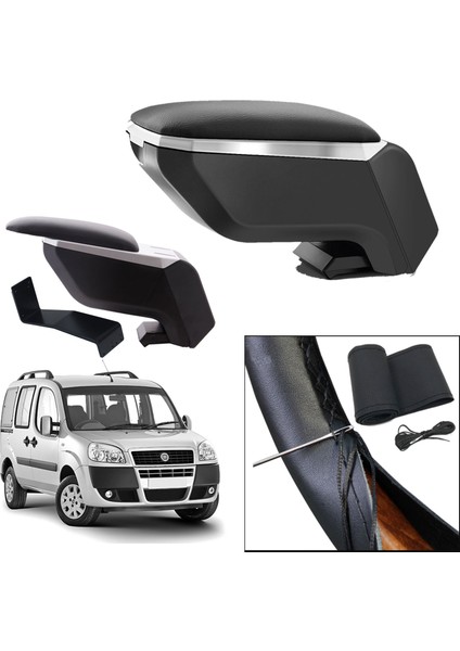Lüks Set Fiat Doblo 2004 Delmesiz Çelik Ayaklı Gri-Siyah Kolçak Kol Dayama, Direksiyon Kılıfı