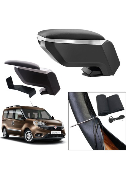 Lüks Set Fiat Doblo 2 2017 Delmesiz Çelik Ayaklı Gri-Siyah Kolçak Kol Dayama, Direksiyon Kılıfı