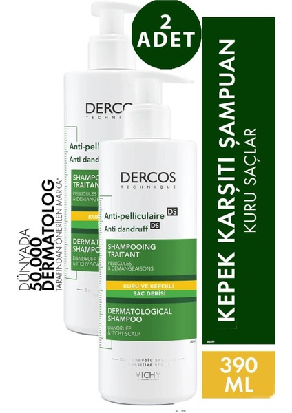 Dercos Anti-Dandruff Şampuan Kuru Saçlar Için Kepek Karşıtı 390 ml 2 Adet