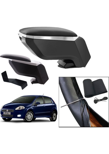 Lüks Set Fiat Grande Punto 2007 Delmesiz Çelik Ayaklı Gri-Siyah Kolçak Kol Dayama, Direksiyon Kılıfı