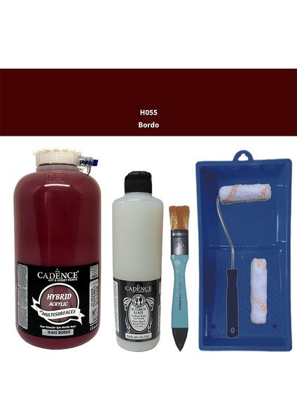 Mobilya Boyası - Multisurface H - 055 Bordo 2lt Ultimate Parlak Vernik 500 ml Saten Rulo Set