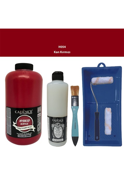 Mobilya Boyası - Multisurface H - 054 Kan Kırmızı 2lt Ultimate Parlak Vernik 500 ml Saten Rulo Set