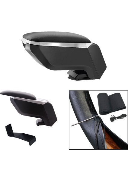 Lüks Set Opel Corsa D 2010 Delmesiz Çelik Ayaklı Gri-Siyah Kolçak Kol Dayama, Direksiyon Kılıfı