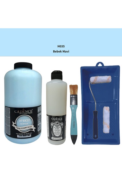 Mobilya Boyası - Multisurface H - 035 Bebek Mavi 2lt Ultimate Parlak Vernik 500 ml Saten Rulo Set