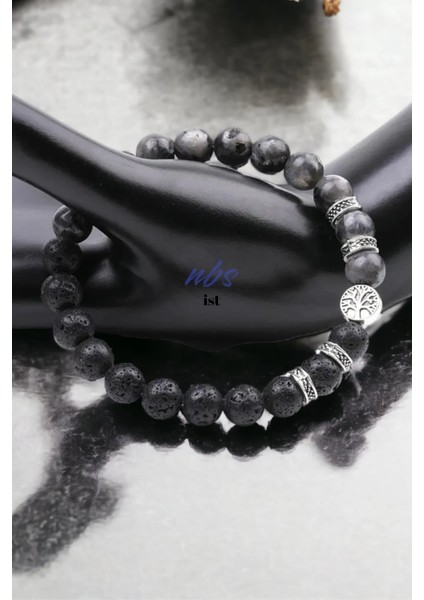 Doğal Taş (Labradorit , Lav ) Unisex Bileklik ( Hayat Ağacı ) 8 mm 520FL777NBS
