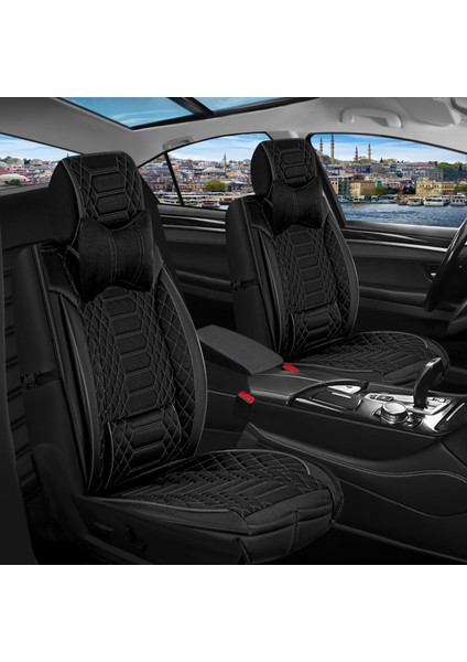 Fiat Linea Uyumlu Yarı Deri Oto Koltuk Kılıfı Ön-Arka Set Venüs Seri Siyah