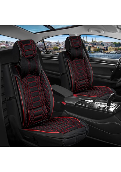 Fiat Egea Cross Uyumlu Yarı Deri Oto Koltuk Kılıfı Ön-Arka Set Venüs Seri Siyah-Kırmızı