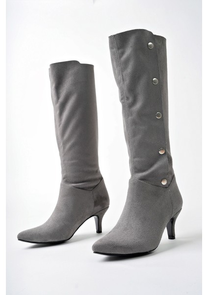 Secret Model Gri Süet Sivri Burun Ince Topuklu Çıt Çıtlı Kadın Çizme modelleri