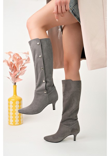 Secret Model Gri Süet Sivri Burun Ince Topuklu Çıt Çıtlı Kadın Çizme fırsatları