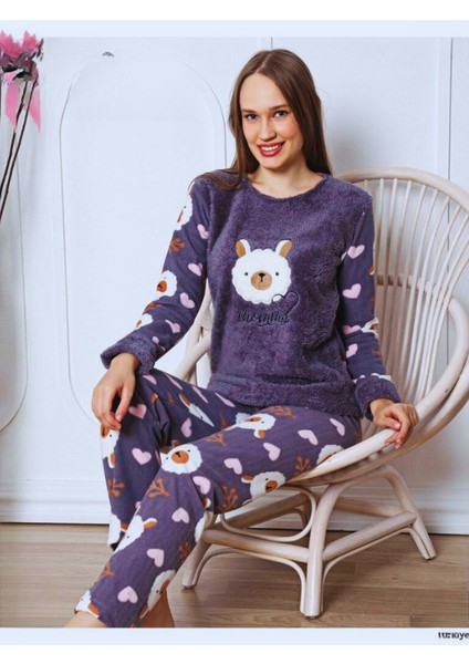 Kadın Noel Ayı Desenli Peluş Pijama Takımı