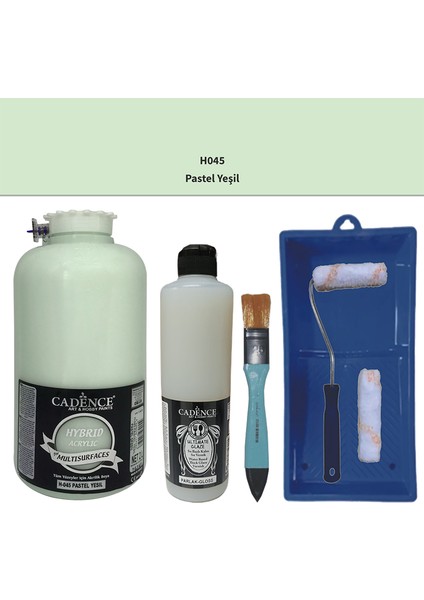 Mobilya Boyası - Multisurface H - 045 Pastel Yeşil 2lt Ultimate Parlak Vernik 500 ml Saten Rulo Set