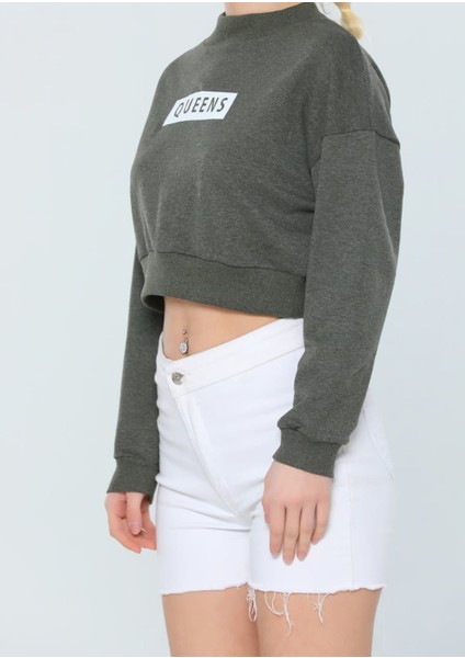 Yarım Balıkçi Baskılı Crop Sweatshirt