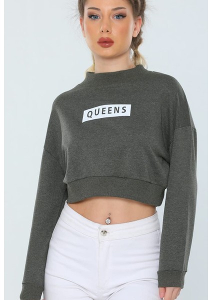 Yarım Balıkçi Baskılı Crop Sweatshirt