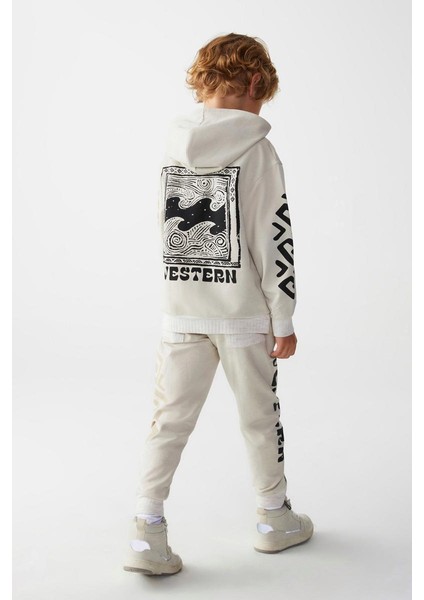 04 - 08 Yaş Erkek Çocuk Krem Renk Western Kapşonlu Sweat Pantolon Takım