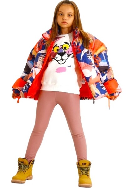 Renkli Desenli Kız Çocuk Mont