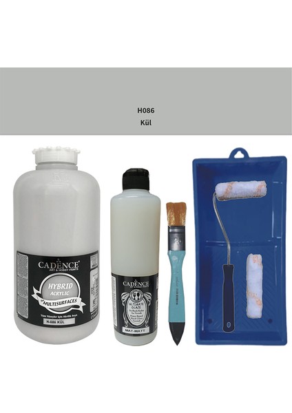 Mobilya Boyası - Multisurface H - 086 Kül 2000 ml Ultimate Vernik Mat 500 ml Saten Rulo Set