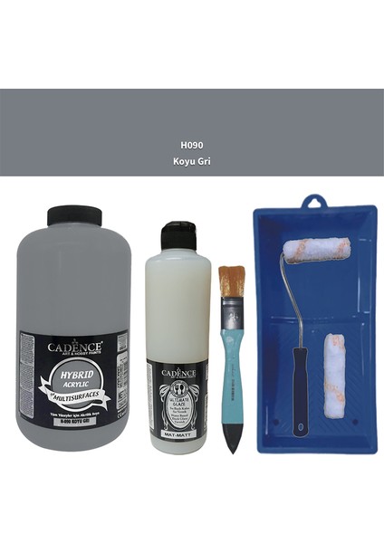 Mobilya Boyası - Multisurface H - 090 Koyu gr i 2000 ml Ultimate Vernik Mat 500 ml Saten Rulo Set