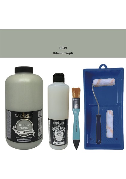 Mobilya Boyası - Multisurface H - 049 Ihlamur Yeşil 2000 ml Ultimate Vernik Mat 500 ml Saten Rulo Set