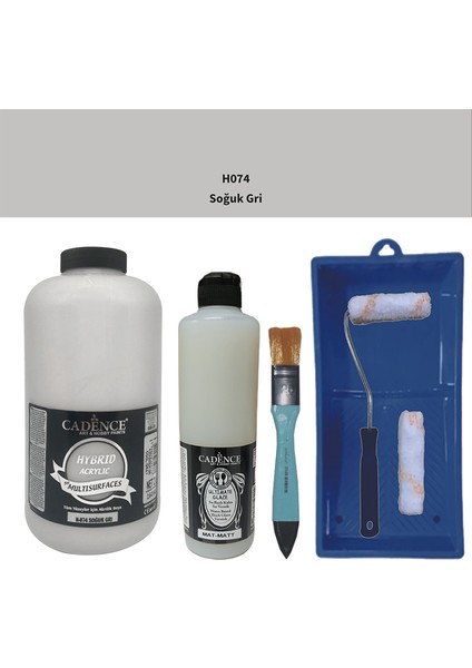 Mobilya Boyası - Multisurface H - 074 Soğuk gr i 2000 ml Ultimate Vernik Mat 500 ml Saten Rulo Set
