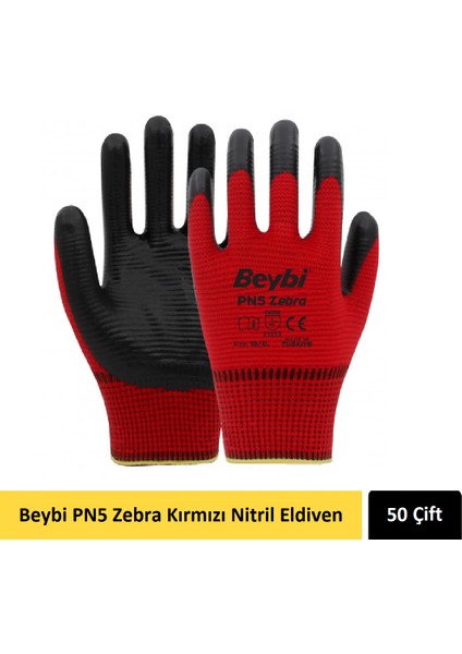 Pn5 Zebra Kırmızı Nitril Eldiveni 50 Çift No:10