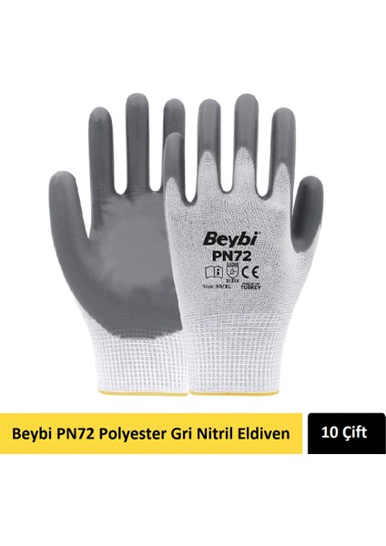 PN72 Montajcı Poyester Gri Nitril Eldiveni 10 Çift No:9