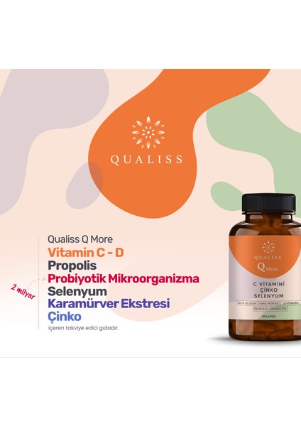 2 Adet Qualiss Q More 60 Kapsül Vitamin C-D, Propolis, Probiyotik, Çinko, Selenyum İçeren Takviye Edici Gıda