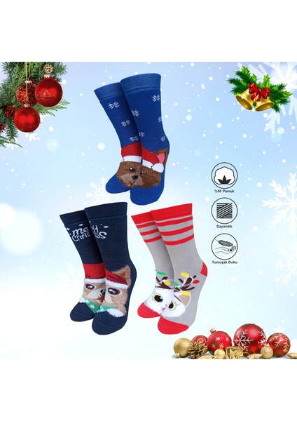 3 Çift Unisex Yılbaşı Christmas Temalı Kışlık Havlu Soket Yeni Yıl Çorapları 37-40