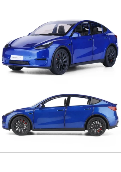 Tesla Model Y 1:24 Mavi Birebir Isikli Maket Model Araba